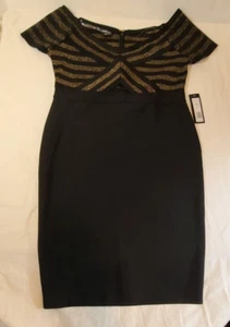 Baby Damen OFF SCHULTER BANDAGE MIDI KLEID schwarz/gold XL Stil # 105130 neu mit Etikett - Bild 1 von 6
