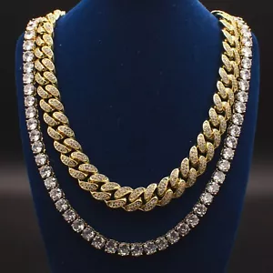 Herren Miami kubanische Gliederkette Diamant Tenniskette echt 18 Karat Gelbgold massiv - Bild 1 von 3