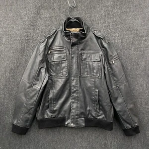 Calvin Klein Faux Leather PVC Riding Bomber Jacket Mens Large Black Sherpa Lined - Picture 1 of 21