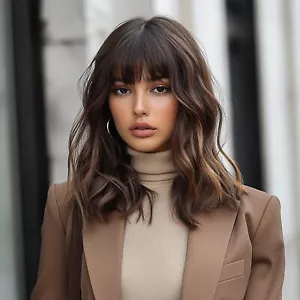 Brown Highlight Wigs with Bangs 13x4 Lace Front Wig Brazilian Remy Human Hair - Picture 1 of 2