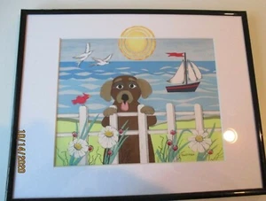 Passepartout, signiert und gerahmt Originalzeichnung eines entzückenden Hundes am Meer - Bild 1 von 8