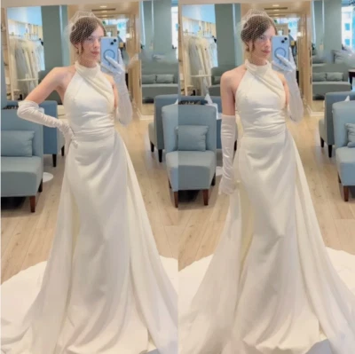 Satin Wedding Dresses Detachable Train Halter Neck Mermaid Sexy Bridal Gowns - Image 1 of 3