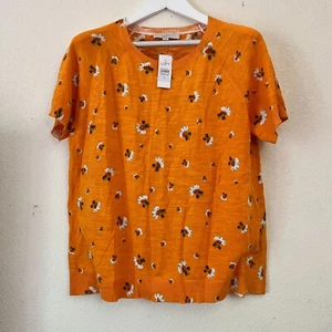 LOFT Women XL Orange Floral Print Short Sleeve T-Shirt Cotton Knit Crew Neck New - Picture 1 of 7