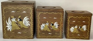 Vintage Wood Canisters Sparring Roosters Kitchen Storage Set Of 3 With Lids - Picture 1 of 7