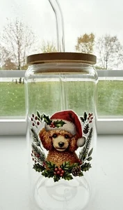 Brown Poodle Glass Tumbler-Christmas Dog Tumblers- Dog Lover Gifts - Picture 1 of 4