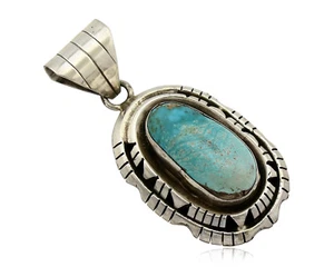 Navajo Pendant .925 Silver Blue Turquoise Signed Artist FT C.80's - Picture 1 of 9
