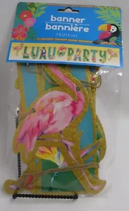 Luau Party Banner Pink Flamingo Parrot 7 Feet Glitter Garland Beach Pool Coastal - Picture 1 of 5