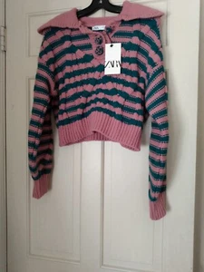 Suéter Zara Rosa y Azul Rayas Manga Larga Voluminoso Talla S - Imagen 1 de 6