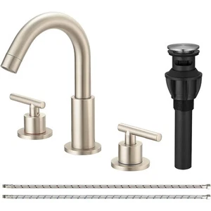 Brushed Nickel Bathroom Faucet 3 Hole 8" Widespread Vanity Mixer Tap with Drain - Picture 1 of 9