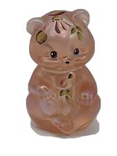 Fenton Pink Opalescent Hand Painted Floral Glass Bear Artist Signed D Wright USA