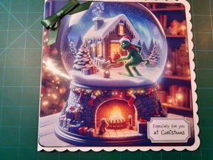 New Handmade Grinch Snowglobe Themed Christmas Card Size 8" X 8" - Picture 1 of 5