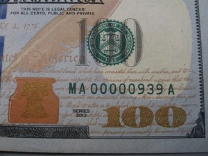 Low Serial Number 3 Digit 2013 $100 FRN Note. - Picture 1 of 8