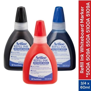 ARTLINE Pennarello per Lavagna Bianca Ricarica Inchiostro 60ml (Nero/Blu/Rosso) – Set 4 Bottiglie - Foto 1 di 26