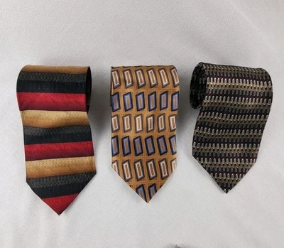 3 Covington Men's Neckties Silk Gold Burgundy Black Blue - Stripes & Geometric  - Image 1 of 4