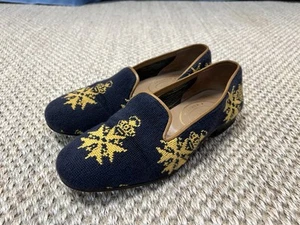 Stubbs And Wootton Velvet Loafers Men’s Size 8 Navy With Gold Design - Picture 1 of 11