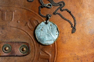 Authentic 1871 Seated Silver Dollar Necklace + 1940s Sterling Sister Hook Chain - Picture 1 of 6