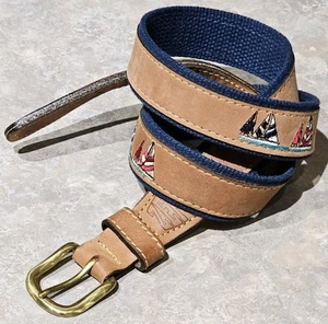 ZEP.PRO-Navy Canvas/Brown Leather, Mens. SAILBOAT Theme, Casual Summer Belt-(34) - Bild 1 von 5