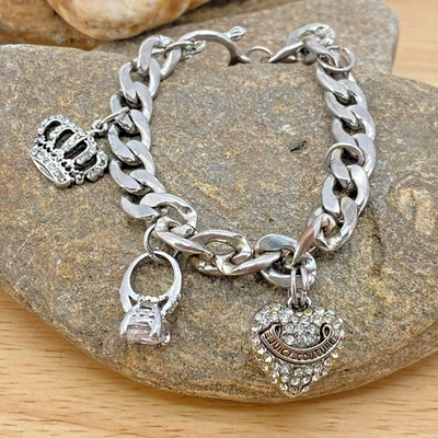 JUICY COUTURE 大号链式手链 切换心形戒指皇冠 8 英寸 — 第 1/4 张图片