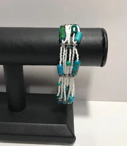 Faux Turquoise Stone White Bead Sterling Silver Clasp Beaded Bracelet - Picture 1 of 12