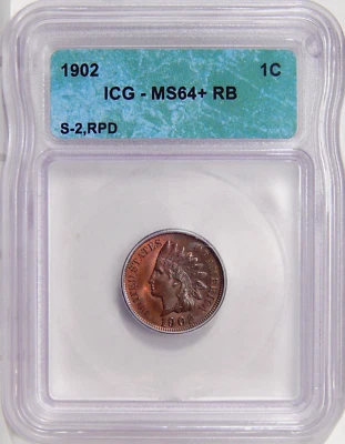 1902 1c ICG MS 64+ RB SNOW-2 RPD ~ REPUNCHED DATE INDIAN CENT VARIETY - Image 1 of 2