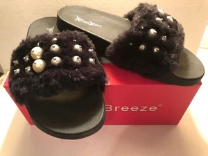 Fur Slides Faux Fur Flip Flop Buckles Slippers Flat Sandals Black With Pearls - Picture 1 of 6