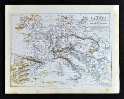 Mapa Militar Johnston 1855 Napoleón Europa en 1812 Francia España Austria Bélgica Foto 1 de 2
