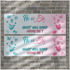2 PERSONALISED GENDER REVEAL BANNERS - BOY OR GIRL? 900mm x 300mm PINK&BLUE