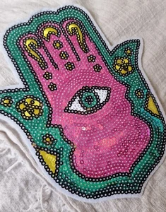 Aufnäher Glitzer Pailletten Motiv Patch Hamsa Hand Fatima Evil Eye Basteln Nähen Diy  - Bild 1 von 5