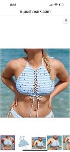 Aerie Small Light Blue And White Stripe With Stars Swim Top