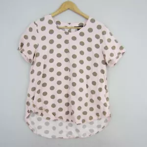 Gordon Smith Top Womens 14 Pink Beige Polka Dots Linen Blouse Shirt Flowy Resort - Picture 1 of 14
