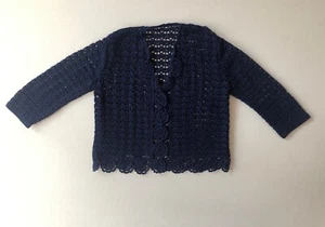 Vintage Crochet Cardigan Sweater Shirt Open Front Navy Small / Med NO TAG BRAND - Picture 1 of 8