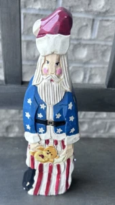 "Figura de Papá Noel con bandera americana tallada en aplausos patrióticos 1993 de colección con oso 9""" - Imagen 1 de 7
