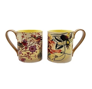 Rare Set of 2 Anthropologie Orchid Mugs w/Coral, Hummingbird Stoneware Pair EUC - Picture 1 of 7