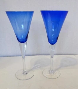 Pottery Barn Hand Blown Blue Champagne Flutes w Clear Stem and Base Two (2) - Picture 1 of 6