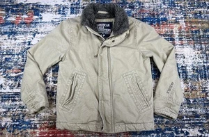 VTG American Eagle Men's Coat Jacket Faux Fur Collar Khaki Full Zip Distressed S - Picture 1 of 14