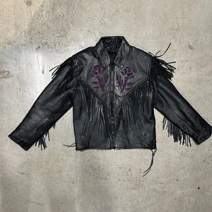 UNIK Black Purple Flowers Leather Motorcycle Jacket Women's LARGE Fringe Biker - Picture 1 of 7