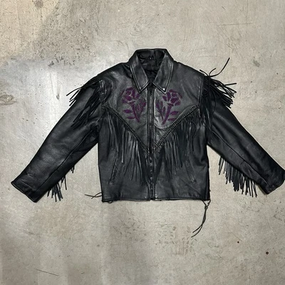 UNIK Black Purple Flowers Leather Motorcycle Jacket Women's LARGE Fringe Biker - Image 1 of 4
