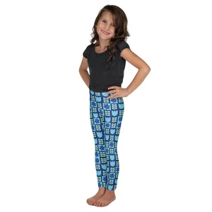 Aqua Blue Navy Green Scandinavian Floral Print Polyester Kid's Leggings - Picture 1 of 29
