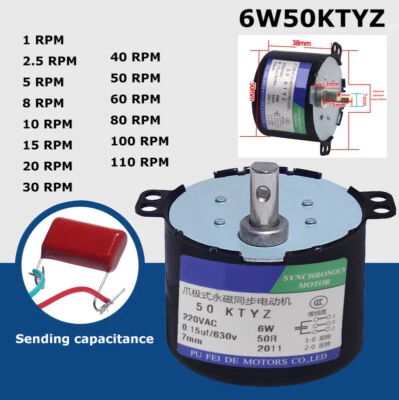 50KTYZ 220V AC 6W 1-110rpm/min Permanent Magnet Synchronous Motor CW/CCW - Bild 1 von 4