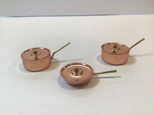 3 Miniature Copper Pans, Pots, Skillet & Lids w/Brass Handle – 1:6 Scale - Picture 1 of 5