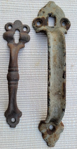 2 Antique Barn Door Handle Pull Cast Steel Ornate Vintage 9-1/2" and 7" long Cover
