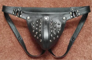 Genuine Leather Black Jockstrap Fetish Gay Studed Underwear Jock with Codpiece - Picture 1 of 3