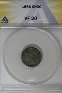 1866 .03 ANACS VF 20 Three Cent Nickel, Liberty Three Cent Piece - Picture 1 of 2