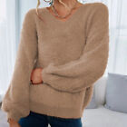 Women Faux Fur Stretch V Neck Long Sleeve Pullover Knitted Jumper Winter Sweater