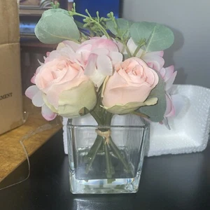 Hydrangea and Rose Artificial Flower Arrangement Cube Glass Vase Faux - Picture 1 of 3