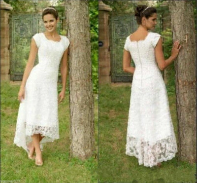 Modest High Low Lace Wedding Dress T-length Bridal Gown with Short Sleeves 2026 - Image 1 of 4