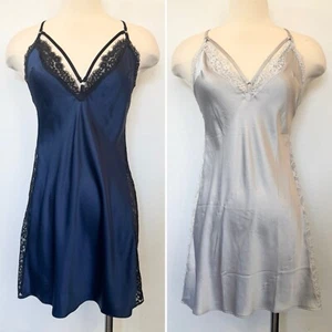 NWT Victoria’s Secret Silky Lace Blue Silver Bundle 2 PC Set New Slip Dress M - Picture 1 of 12