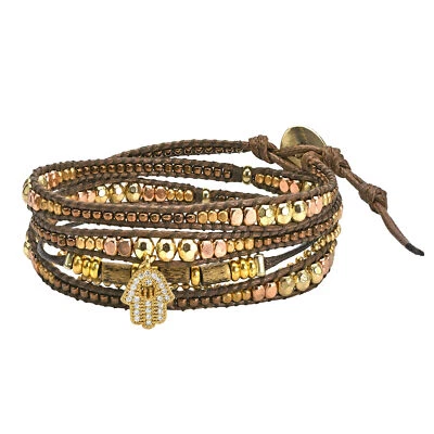 Brown Leather Wrap Bracelet Brass & CZ Hamsa Hand Beaded Shimmering Boho Jewelry - Image 1 of 4