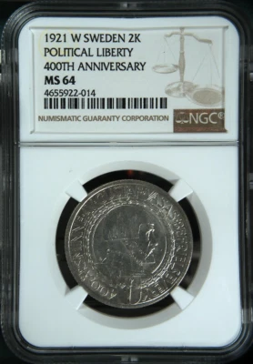 :1921 W 2-KRONOR SWEDEN KM# 799 NGC RARE SELECT-BU MS-64 GUSTAF-V HIGHEST-GRADES - Image 1 of 2
