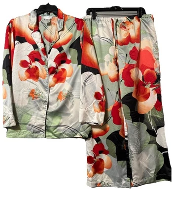Conjunto de pijama de satén para mujer Natori ropa de salón de lujo multi floral asiático talla L Foto 1 de 4